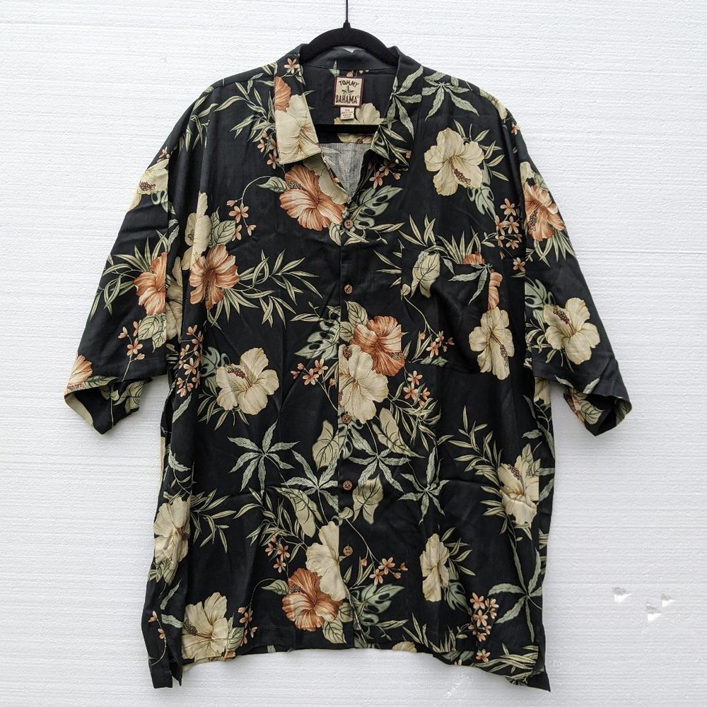 Tommy Bahama Black Floral Hawaiian Silk Shirt Size XXL